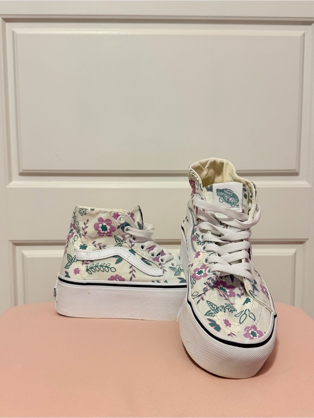 Vans High-Top Floral Platform Sneakers - Cream, Pink & Green